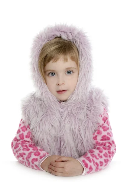 Pink fur hood coat little girl portrait — Stock Photo, Image