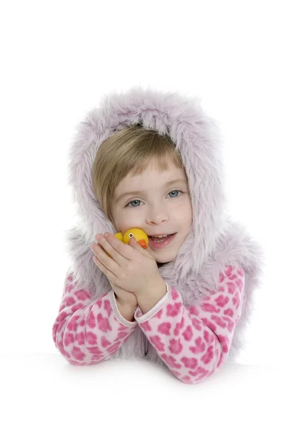 Pink fur hood coat little girl portrait — Stock Photo, Image