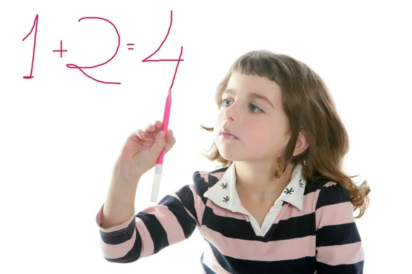 Little girl writing add numbers marker — Stock Photo, Image