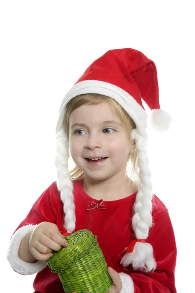 Noel baba küçük kızı yeşil hediye kutusu — Stok fotoğraf