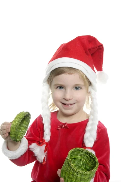 Santa little girl with green present box — Stock Photo, Image