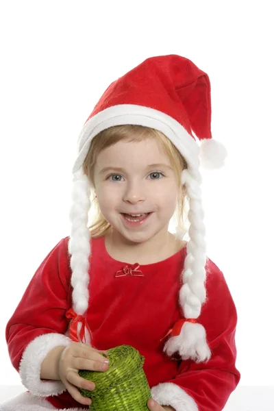Santa meisje met groene huidige doos — Stockfoto