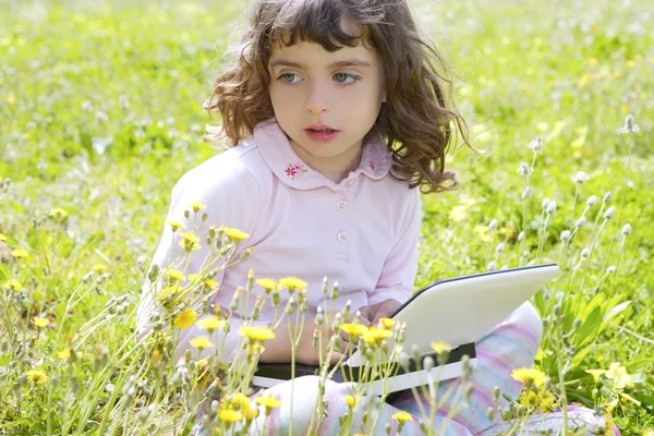 Little girl on garden meadow notebook computer — Stock Photo, Image