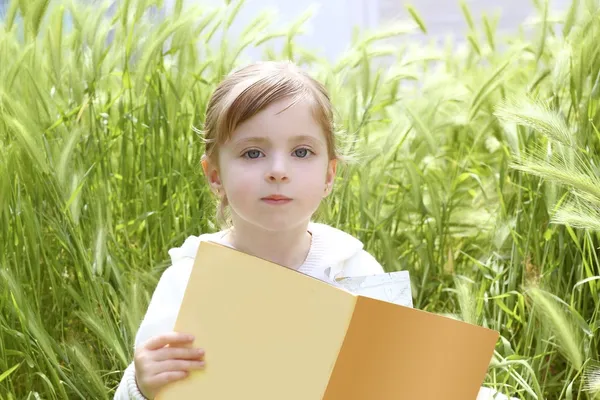 Niña rubia leyendo libro verde espigas jardín — Foto de Stock