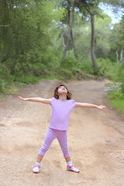 Open hands happy little girl forest truck — Stok fotoğraf