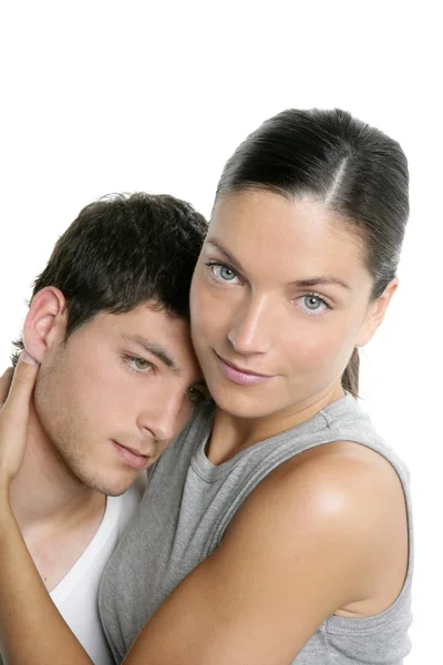 Bella giovane fresco moderno coppia abbraccio su bianco Foto Stock Royalty Free