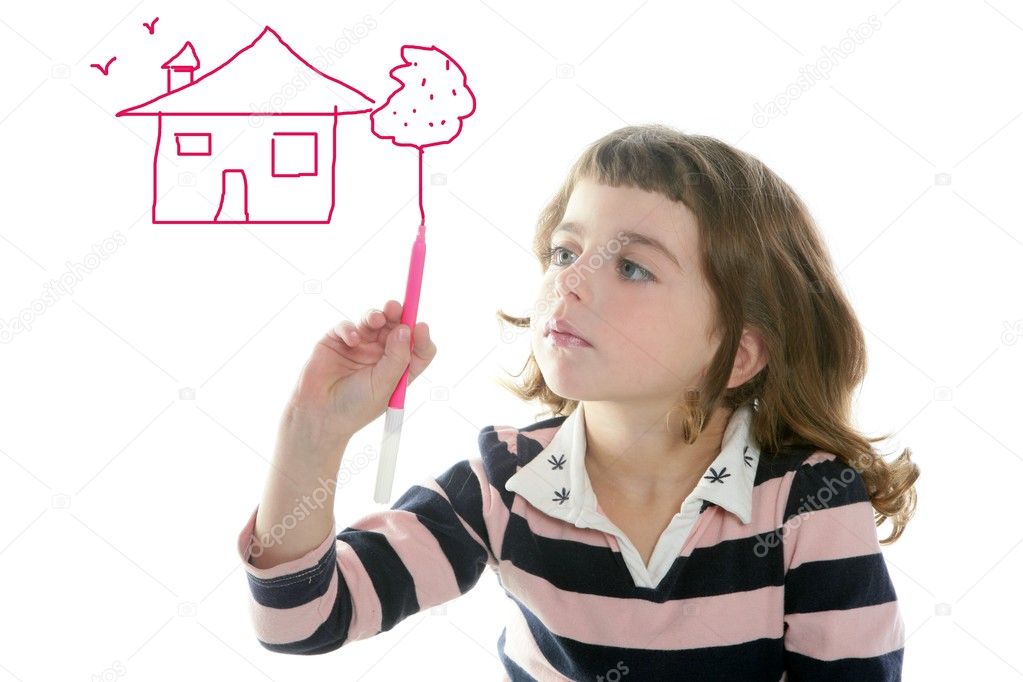 Little girl drawing real state house