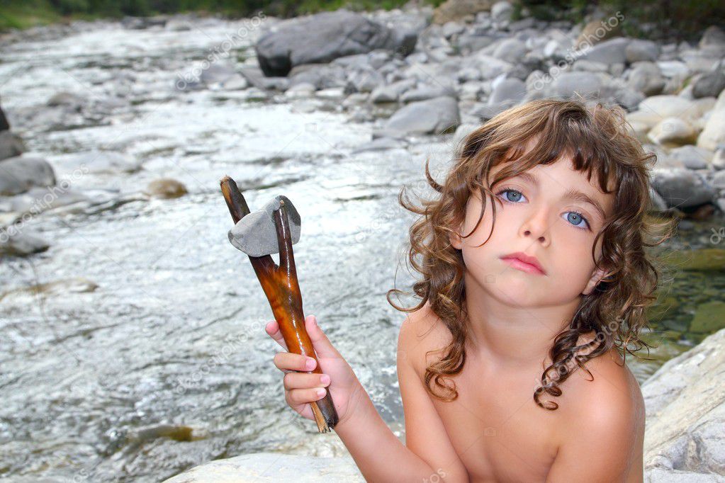 Girl river stick and stone like primitive human