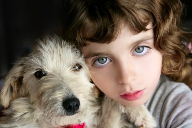 Dog puppy pet and girl hug portrait closeup blue eyes clipart