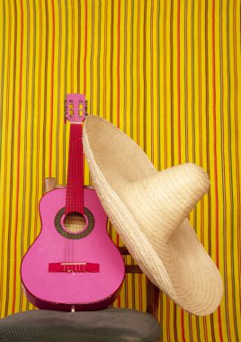 Charro mexican hat pink guitar clipart