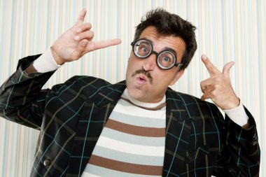 Nerd silly crazy myopic glasses man funny gesture clipart