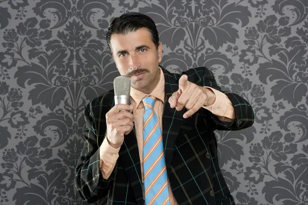 Nerd businessman microphone leader point finger — Stock Photo, Image