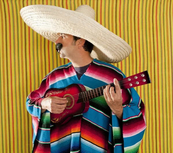 Mexican man serape poncho sombrero playing guitar Stock Image