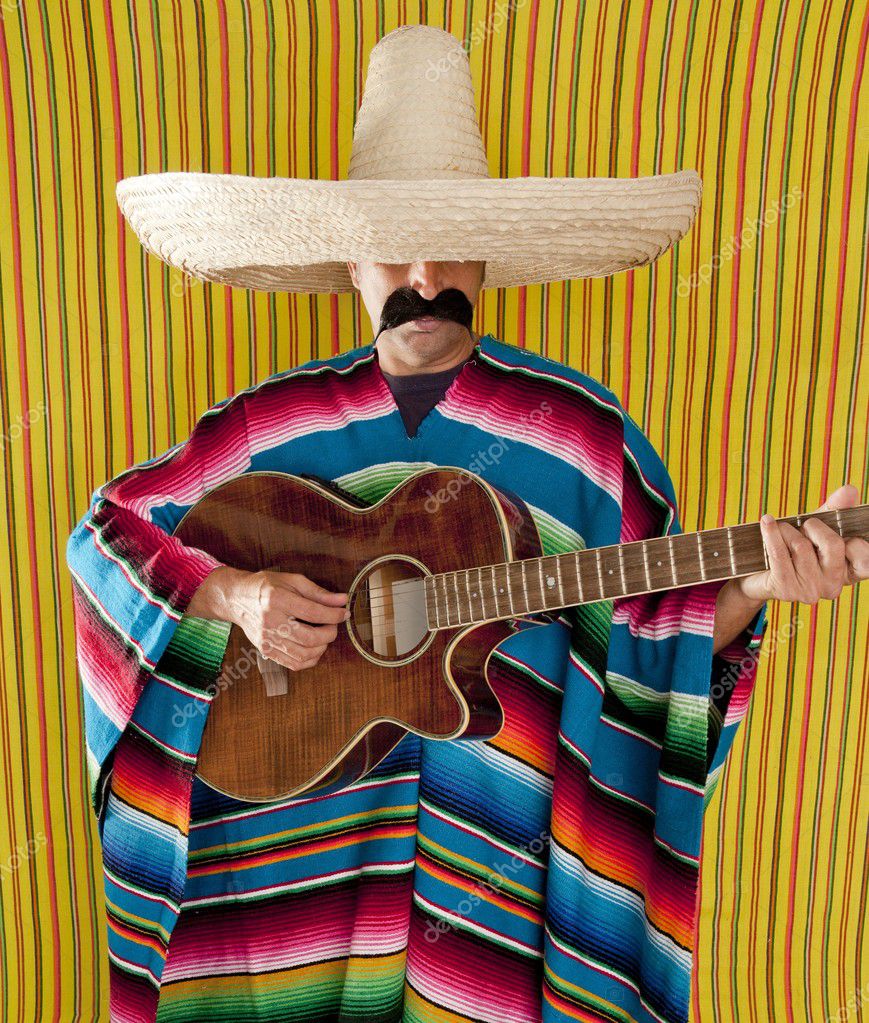 Mexican man serape poncho sombrero playing guitar — Stock Photo ...