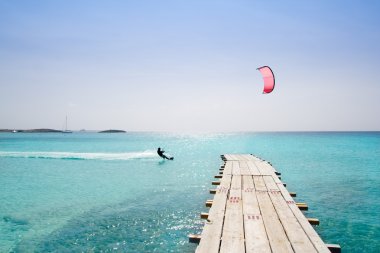 Formentera beach ahşap iskele turkuaz Balear Denizi