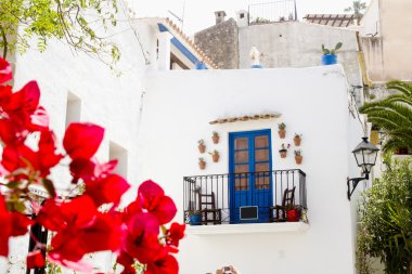 Ibiza beyaz ada mimarisi köşe begonvillerle