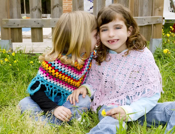 Niños hermanas niñas susurran en el oído prado primavera —  Fotos de Stock