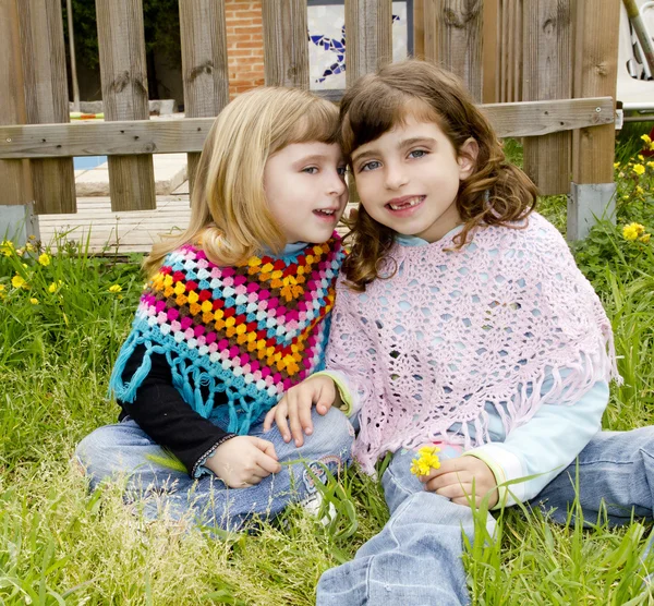 Gyermekek húga lányok suttogva fül rét tavasszal — Stock Fotó