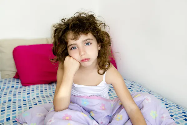 Brunette girl boring bed messy morning hair — Stock Photo, Image