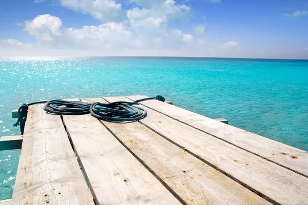 Formentera beach wood pier turquoise balearic sea — Stock Photo, Image