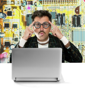 Genius nerd electronic engineer tech man thinking clipart