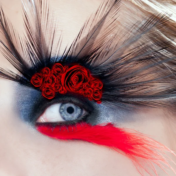 Black bird woman eye makeup macro red roses — Stok fotoğraf