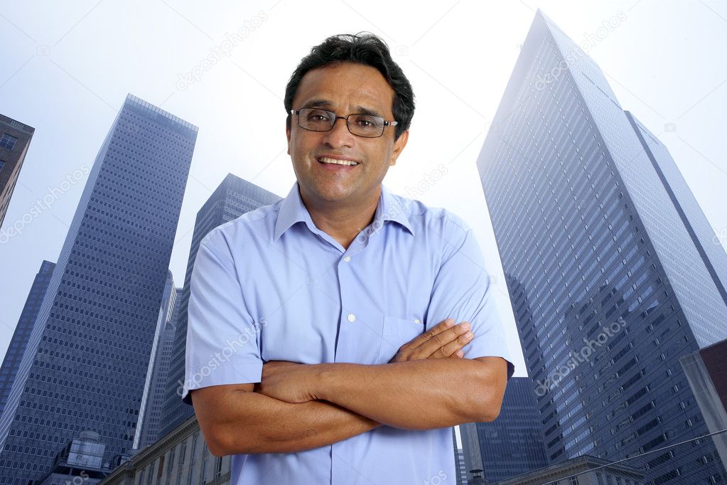 American businessman indian latin urban city buildings