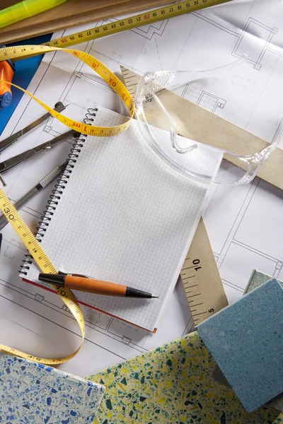 Architekt Schreibtisch Designer Arbeitsplatz Spirale Notizbuch — Stockfoto