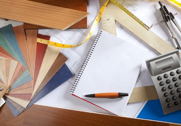 Architect desk designer workplace spiral notebook — Stock Photo, Image
