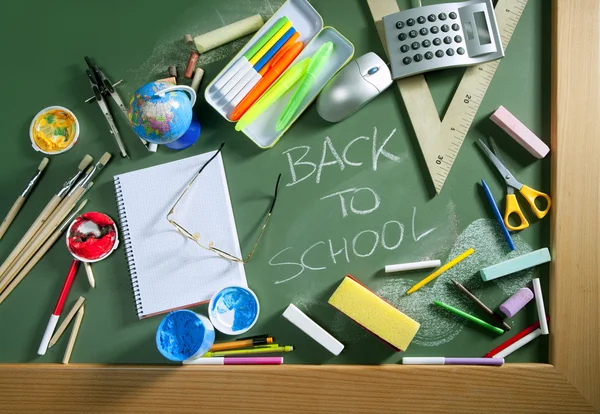 Back to school written blackboard green board — Stock Photo, Image