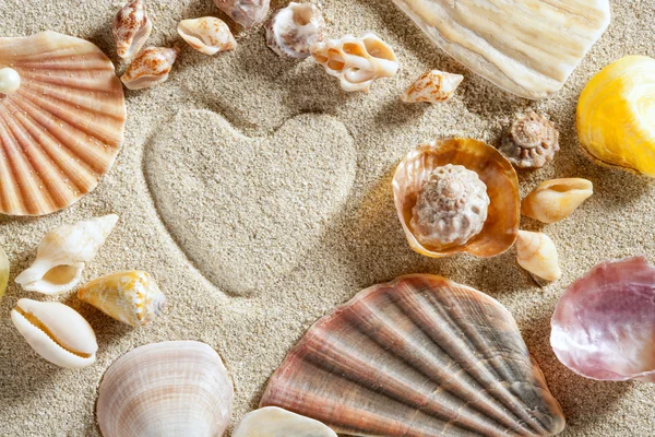 Plaj beyaz kum kalp şekli yazdırma yaz tatili — Stok fotoğraf