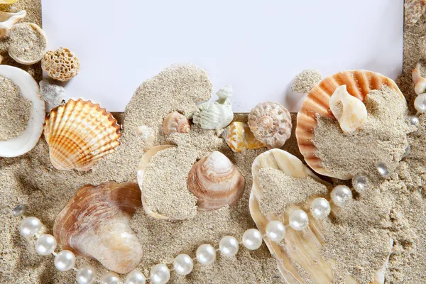 Copia espacio de verano arena playa conchas perla en blanco — Foto de Stock