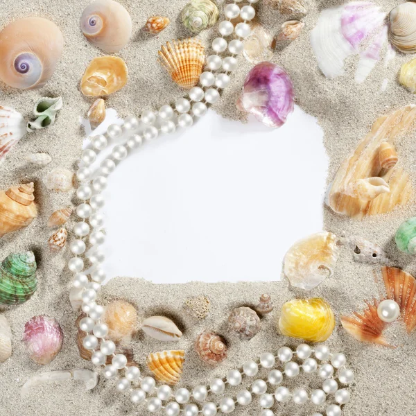 Frontera marco verano playa concha collar de perlas —  Fotos de Stock