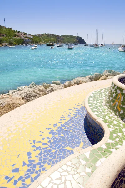 Andratx port view from colorful tiles mosaic bench seat — Stock Photo, Image