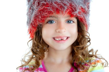 Children little girl with winter fur cap orange and silver clipart