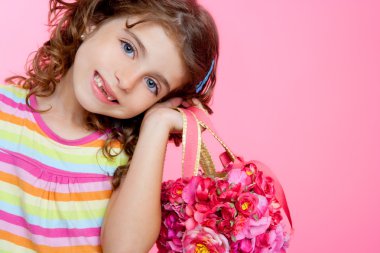 Children girl holding fashin spring pink flowers bag clipart