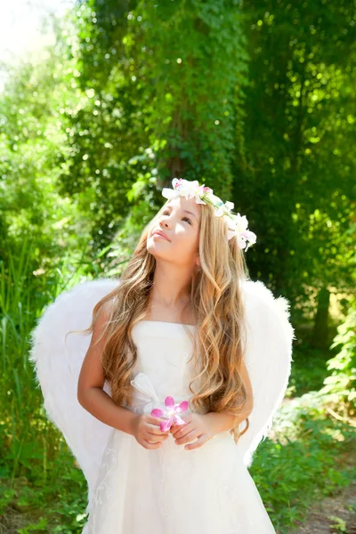 Ängel barn flicka håller blomma i handen ser himlen — Stockfoto