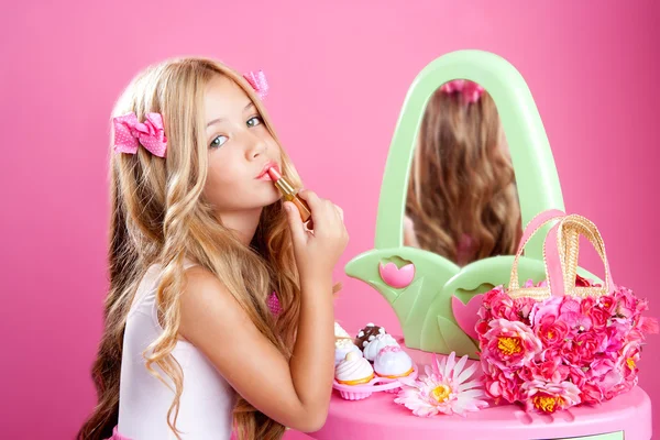 Children fashion doll little girl lipstick makeup pink vanity — Stock Photo, Image