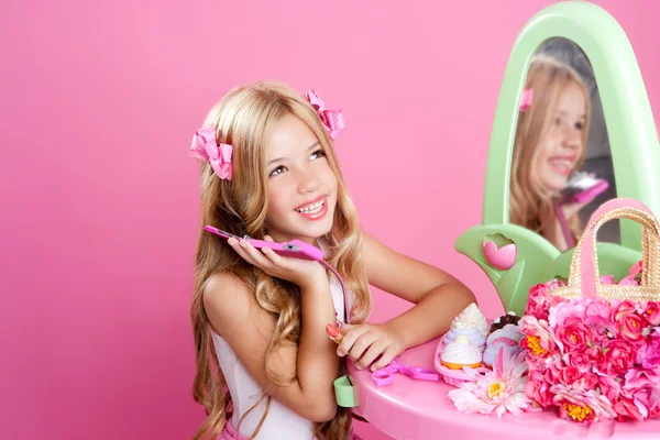 Children fashion doll blond girl talking mobile phone — Stock Photo, Image