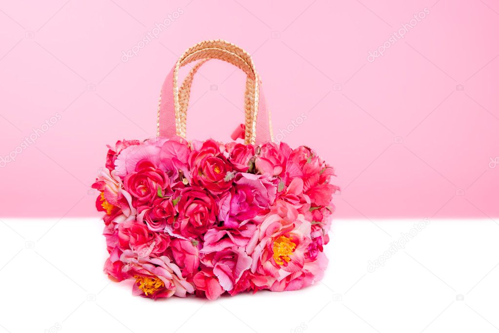 Flowers spring bag in pink and red roses on white
