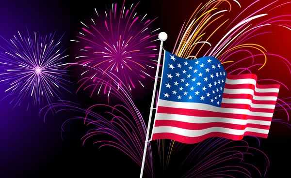 Tűzijáték és amerikai zászló. vektor. — Stock Vector