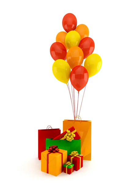 Подарки и воздушные шары на белом фоне — стоковое фото