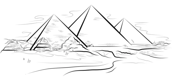 Dibujo de pirámides y desierto en Giza, Egipto — Vector de stock