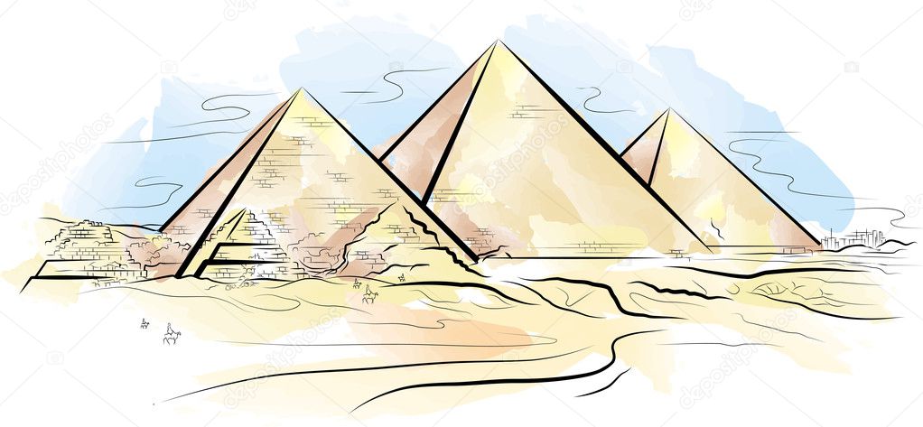 Drawing color piramids and desert in Giza, Egypt