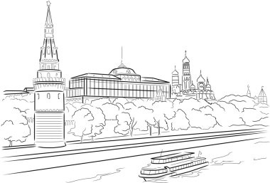 Big Palace of Moscow Kremlin with Moscow river. Vector illustrat clipart