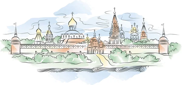 Rus Manastırı ve nehir, vektör çizim — Stok Vektör