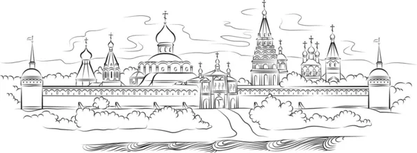 Русский монастырь и река, векторная иллюстрация — стоковый вектор