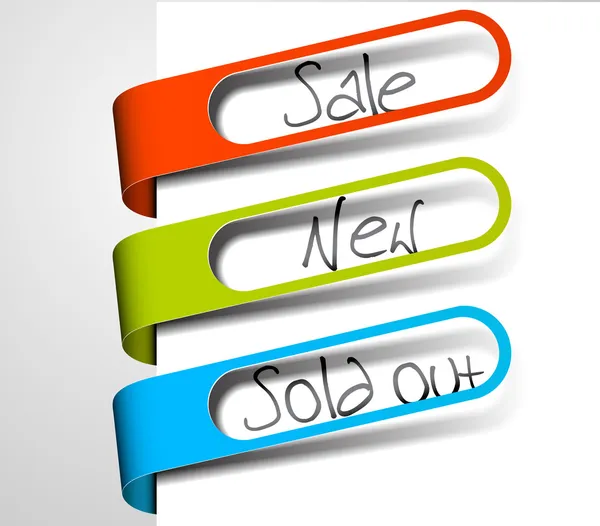 Papírové štítky pro položky v prodeji, prodávány a nové — Stockový vektor