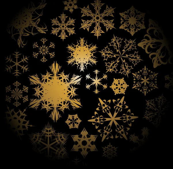 Golden snowflakes on black background — Stock Vector