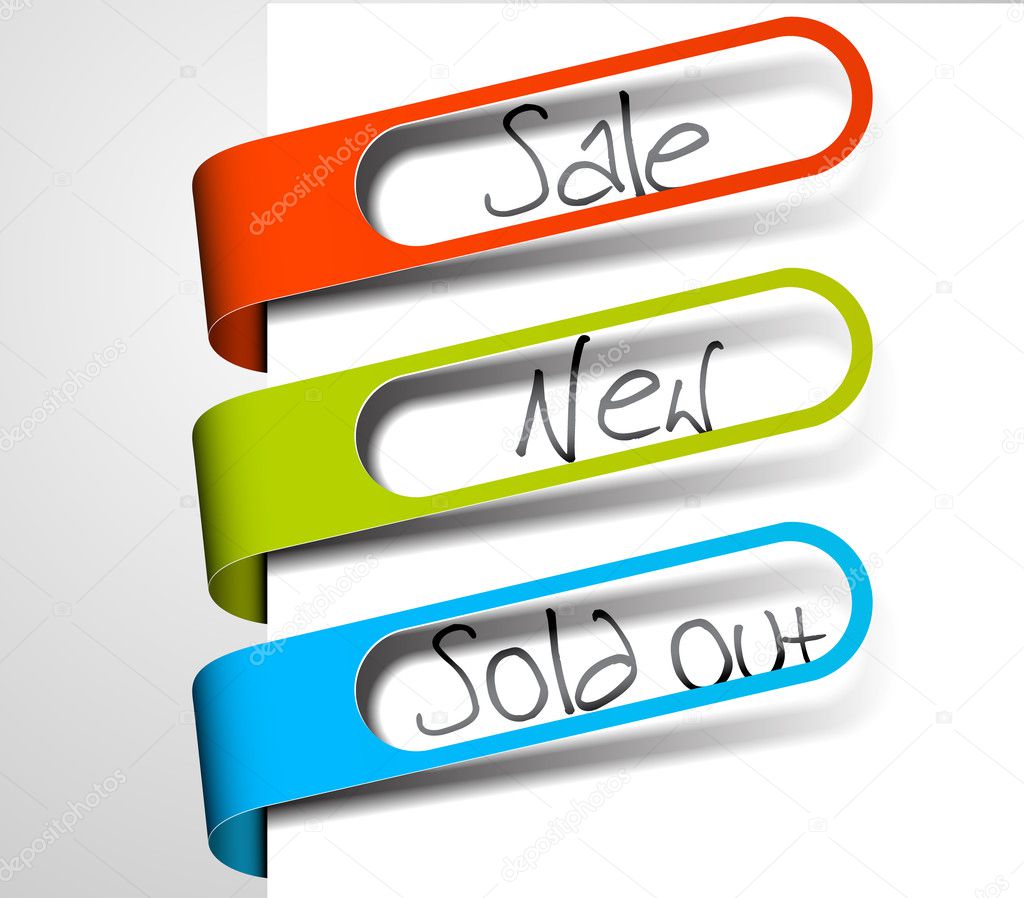 Paper tags for items in sale, sold out and new